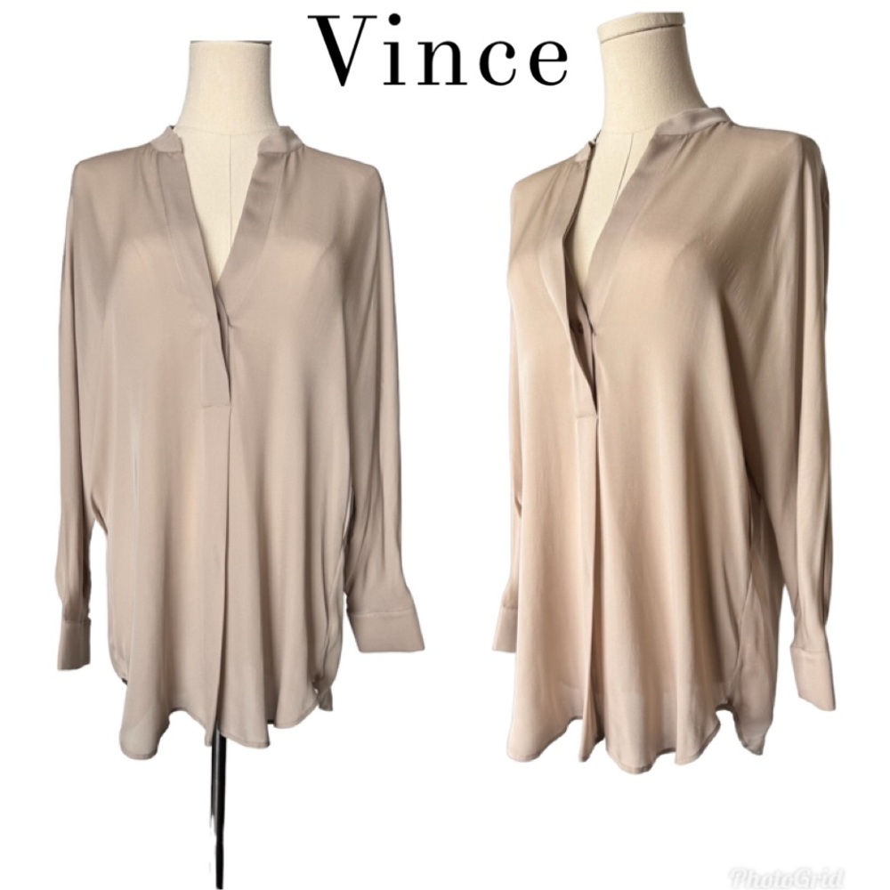 Vince Taupe Tan Silk Popover Blouse Size Small